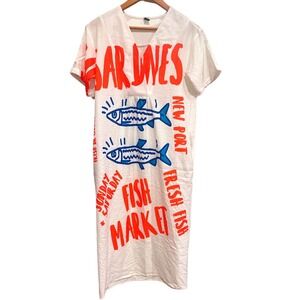 White Fish Market Sardines Graphic V Neck Short Sleeve Midi Dress Pockets XS